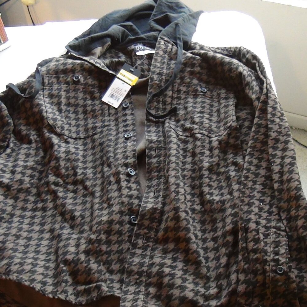 MEN'S Original Use Hoody Jacket Sweater Brown Houndstooth ButtonUp Long Sleeve M